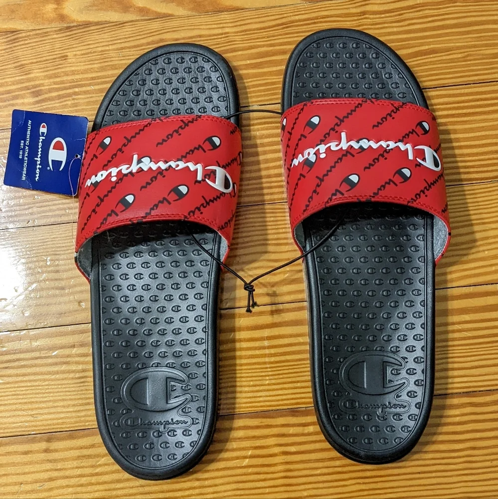 Champion Red, Black,& White Repeated Logo Slides for Men, Size 13, NWT